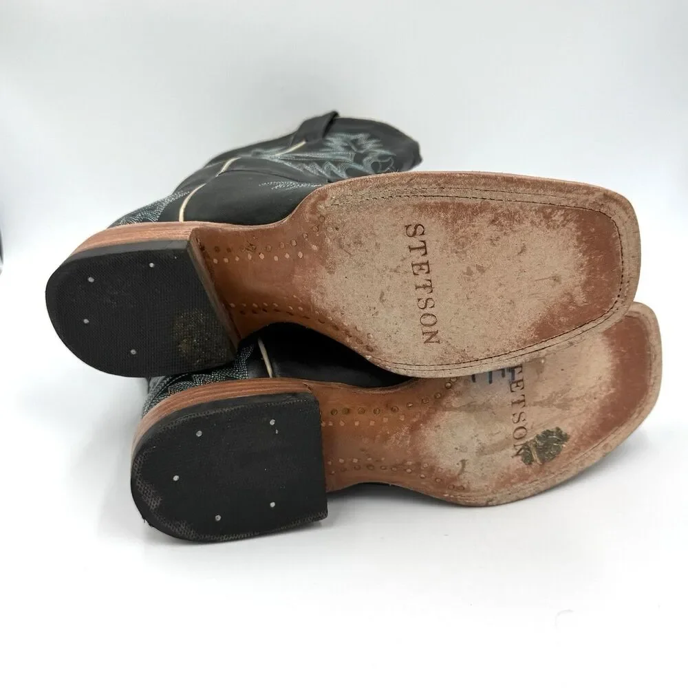 Stetson Black Leather Western Cowboy Boots Women’s US 8 Blue Embroidered Square